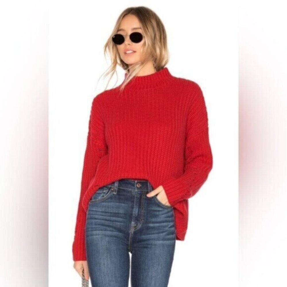 Revolve Lovers and Friends Women’s Sweater Chunky Knit Shredded Distressed Red